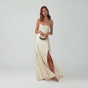 Fame and Partners Bridesmaid Satin Champagne Dress (Strappy Draped Gown)
